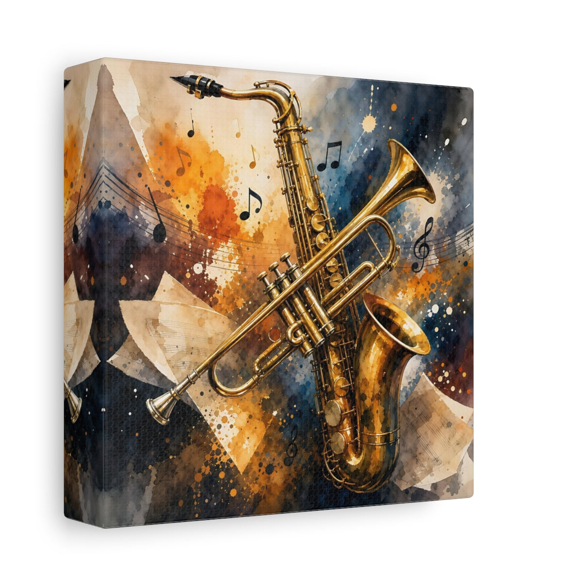 Side Mockup 2. Golden Jazz Instruments shown as canvas print
