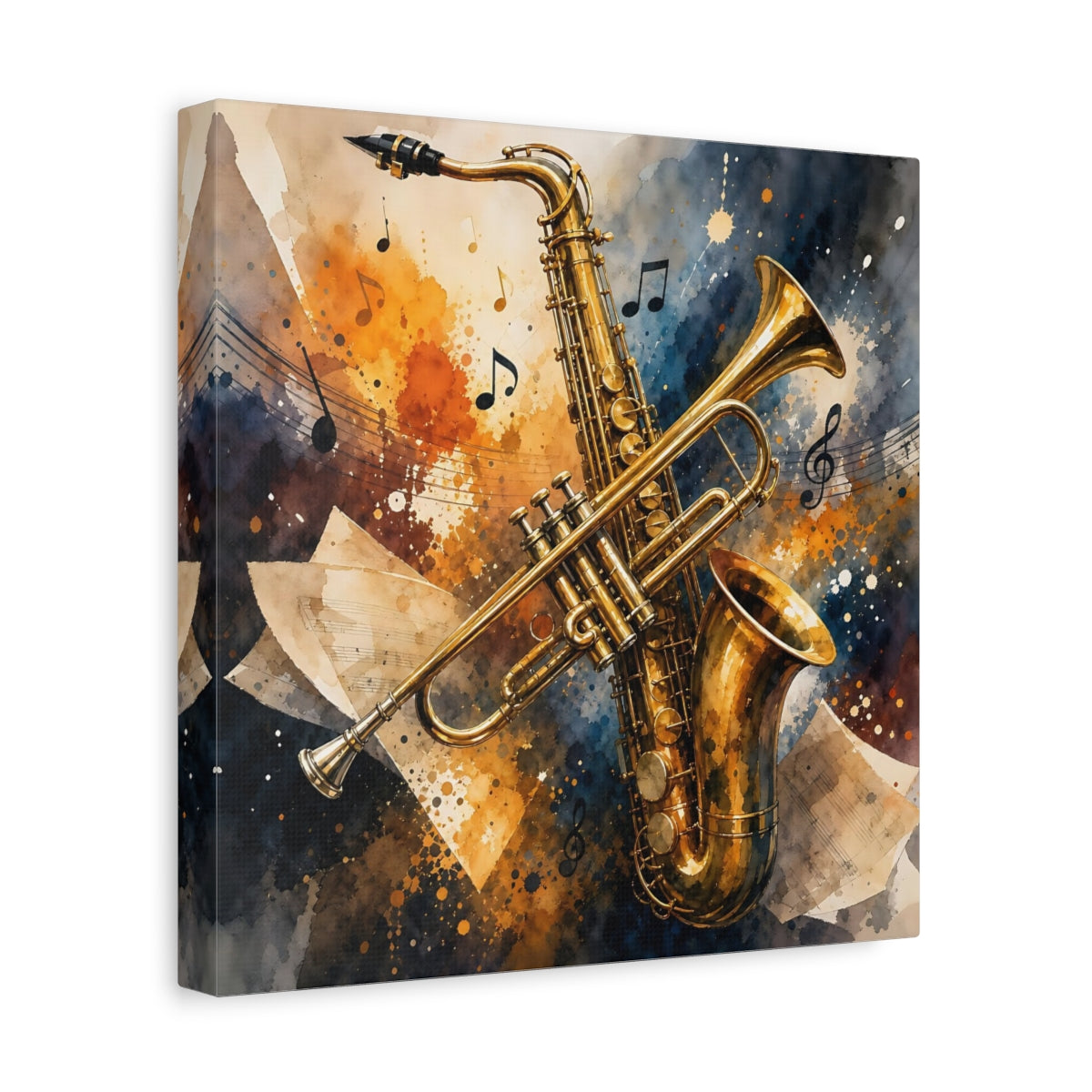 Side Mockup 8. Golden Jazz Instruments shown as canvas print