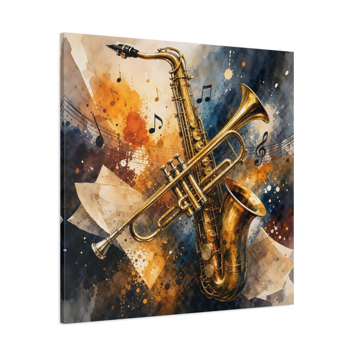 Side Mockup 1. Golden Jazz Instruments shown as canvas print