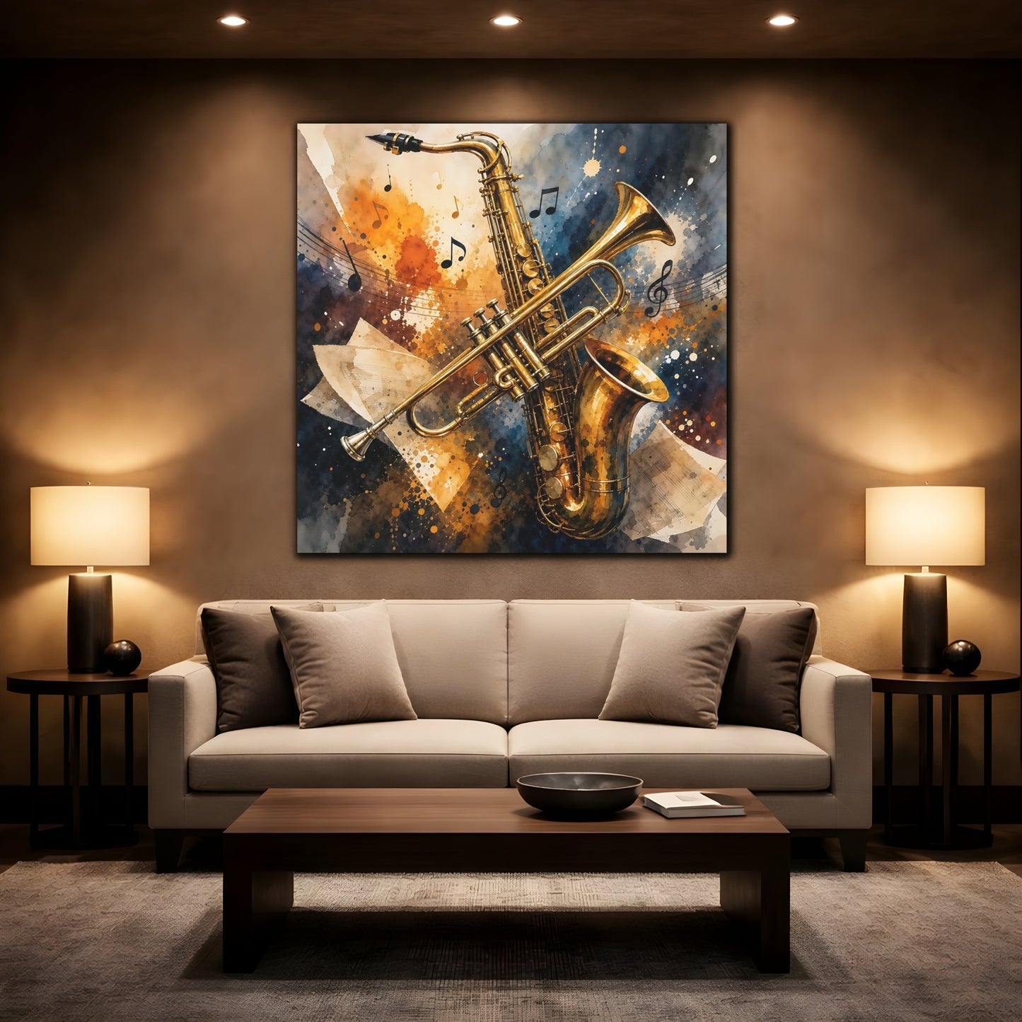 Mockup 2. Golden Jazz Instruments shown as canvas print