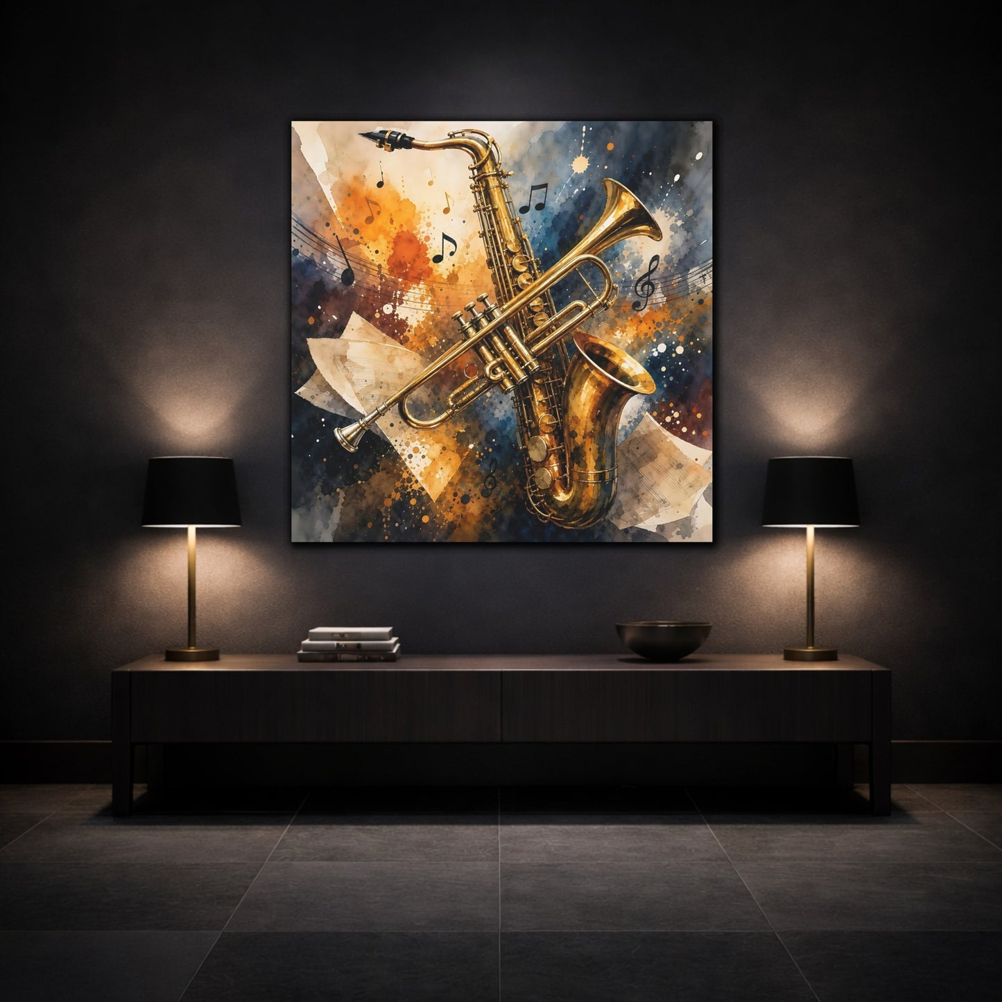 Mockup 3. Golden Jazz Instruments shown as canvas print