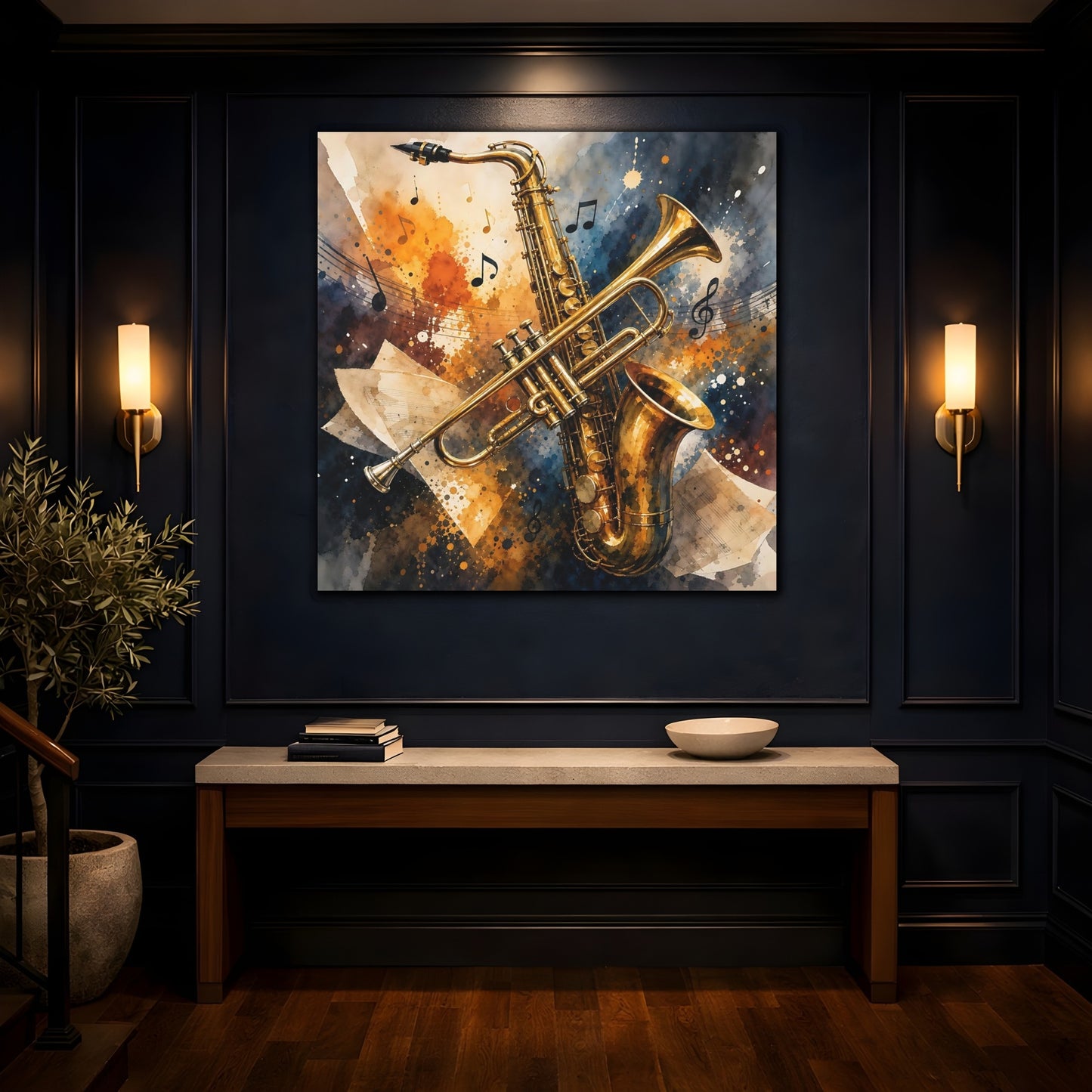 Mockup 4. Golden Jazz Instruments shown as canvas print
