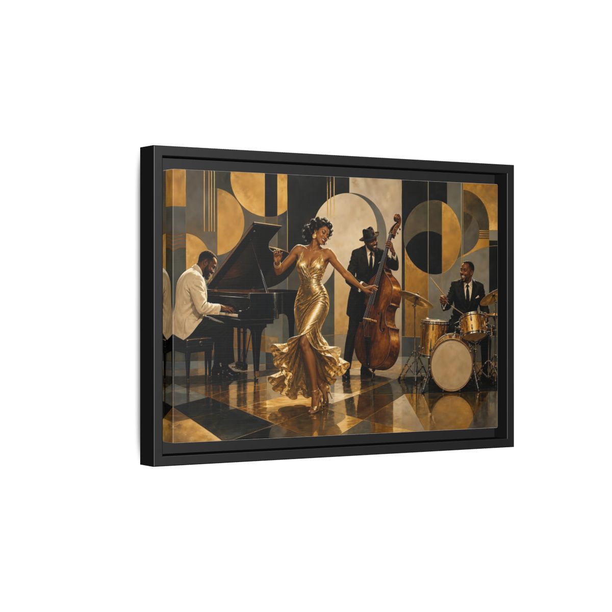 Side Mockup 6. Golden Jazz Night shown as framed canvas print