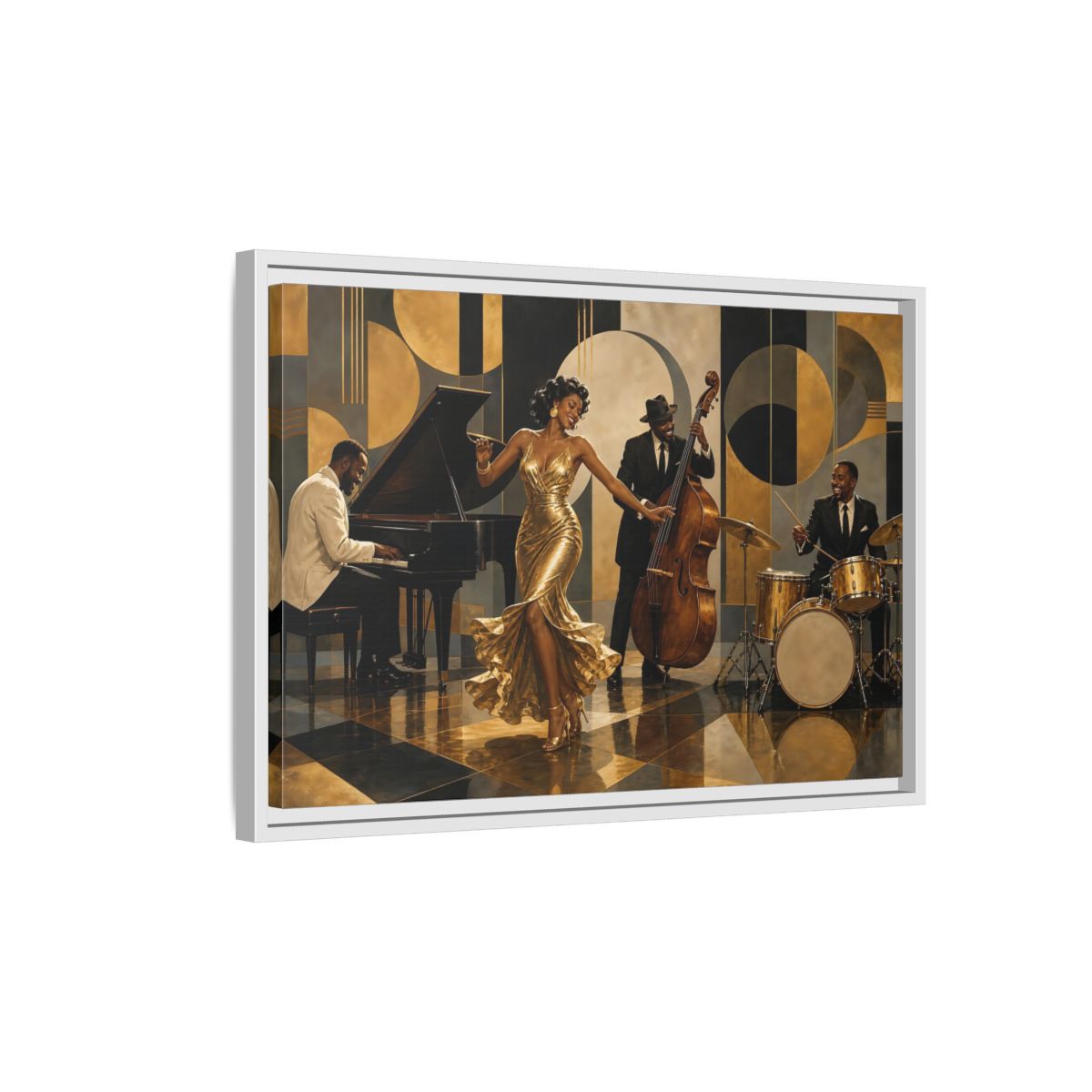 Side Mockup 1. Golden Jazz Night shown as framed canvas print