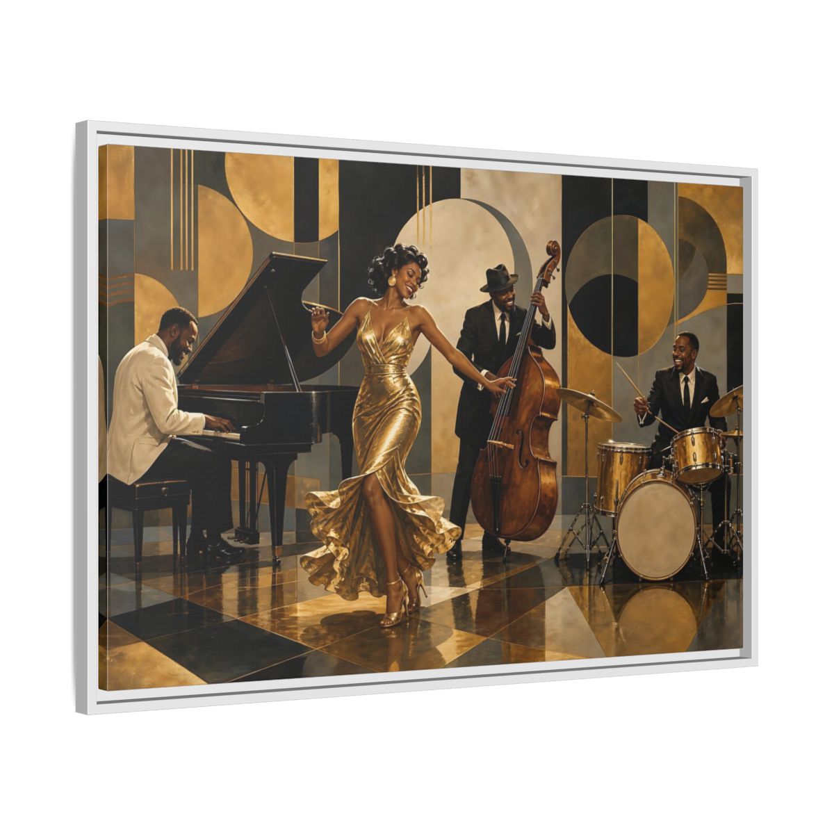 Side Mockup 9. Golden Jazz Night shown as framed canvas print