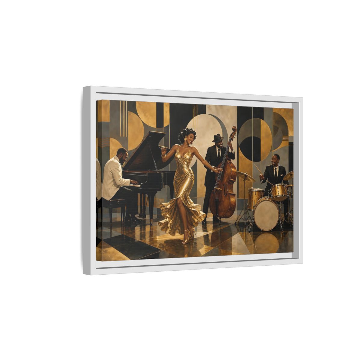Side Mockup 4. Golden Jazz Night shown as framed canvas print
