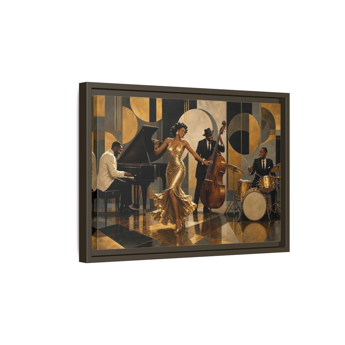 Side Mockup 5. Golden Jazz Night shown as framed canvas print