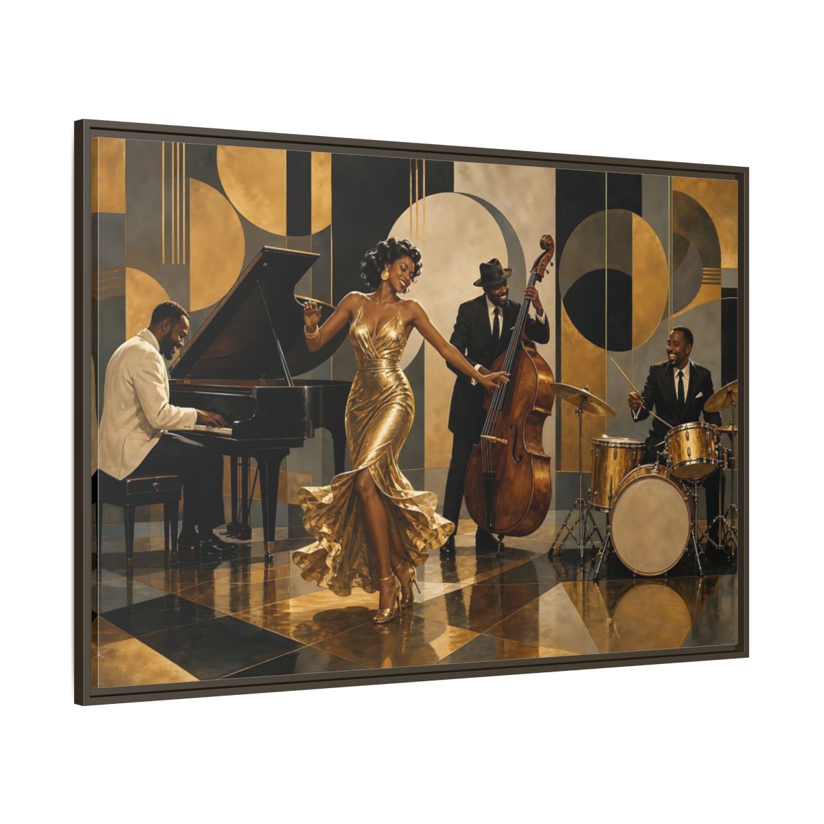 Side Mockup 8. Golden Jazz Night shown as framed canvas print