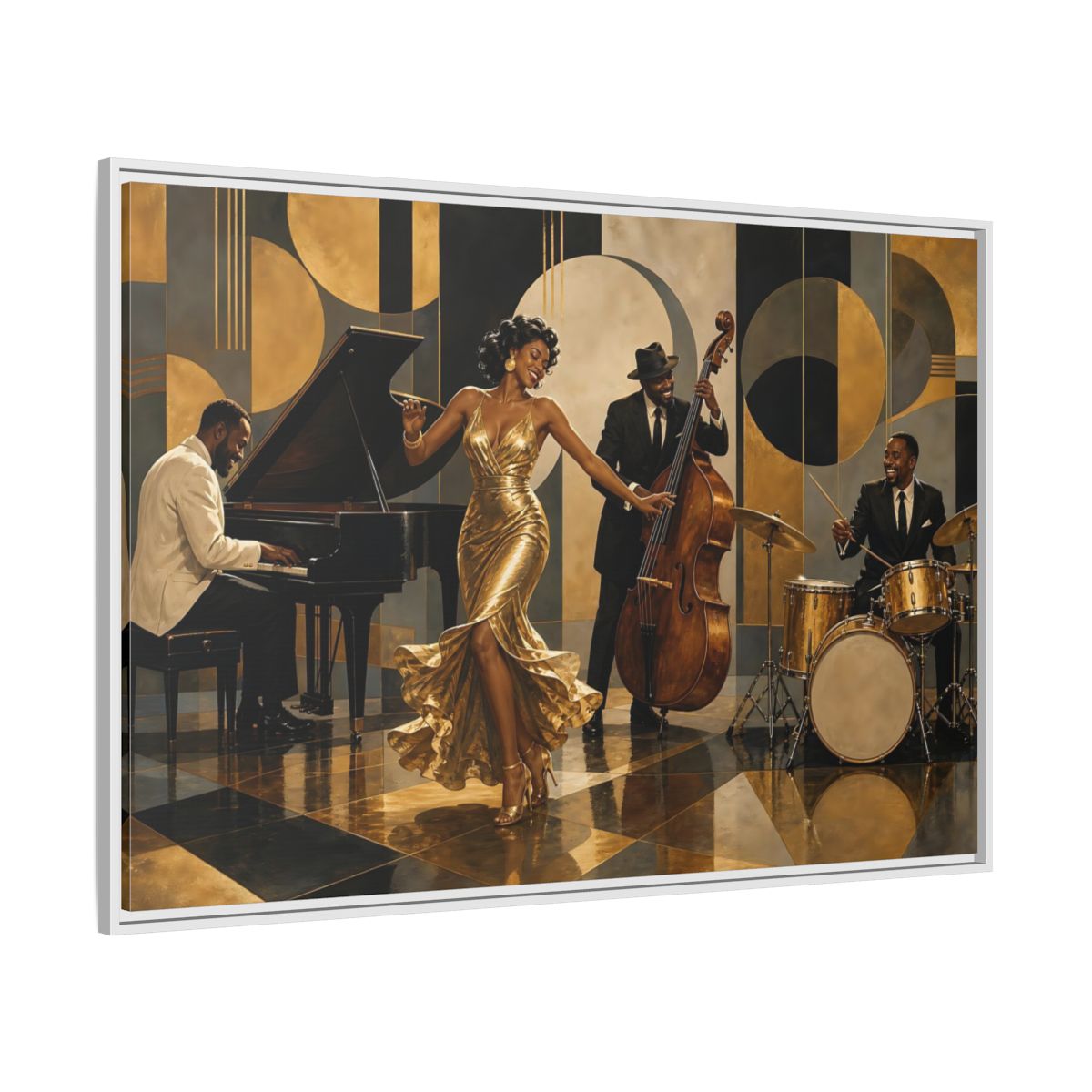 Side Mockup 7. Golden Jazz Night shown as framed canvas print