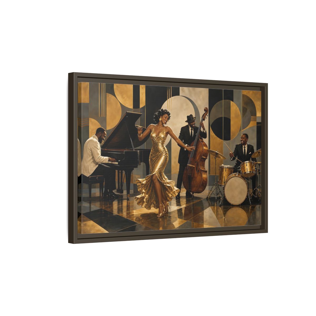 Side Mockup 2. Golden Jazz Night shown as framed canvas print