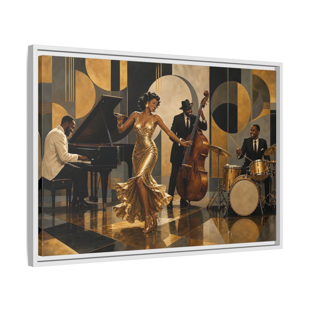 Side Mockup 10. Golden Jazz Night shown as framed canvas print
