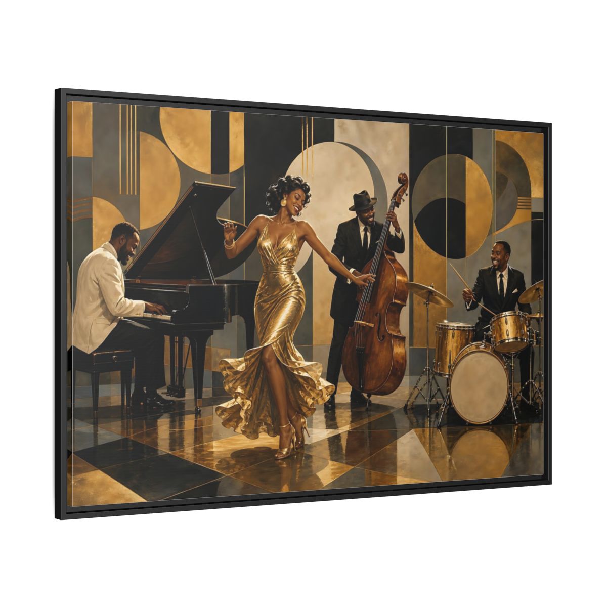 Side Mockup 12. Golden Jazz Night shown as framed canvas print