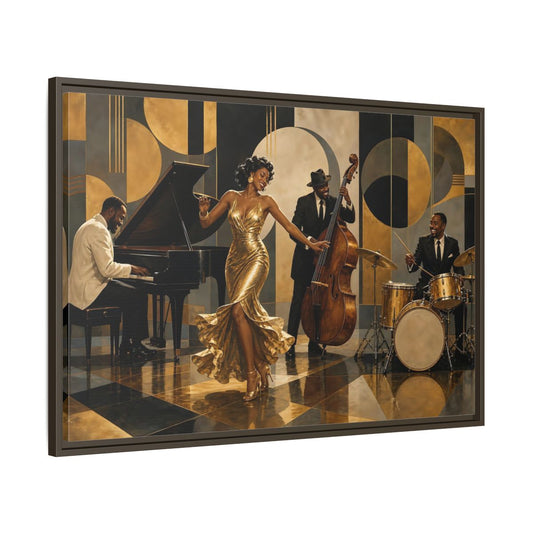 Main Mockup. Golden Jazz Night shown as framed canvas print