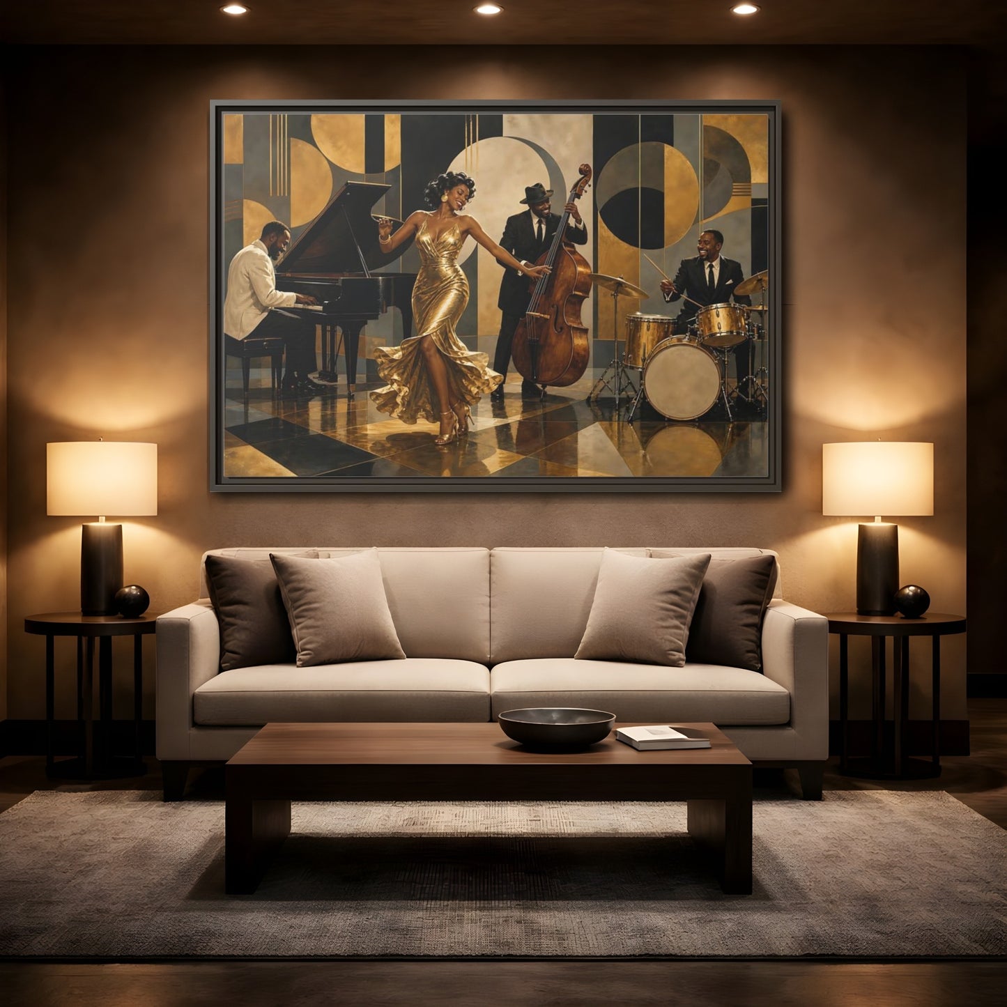 Mockup 2. Golden Jazz Night shown as framed canvas print