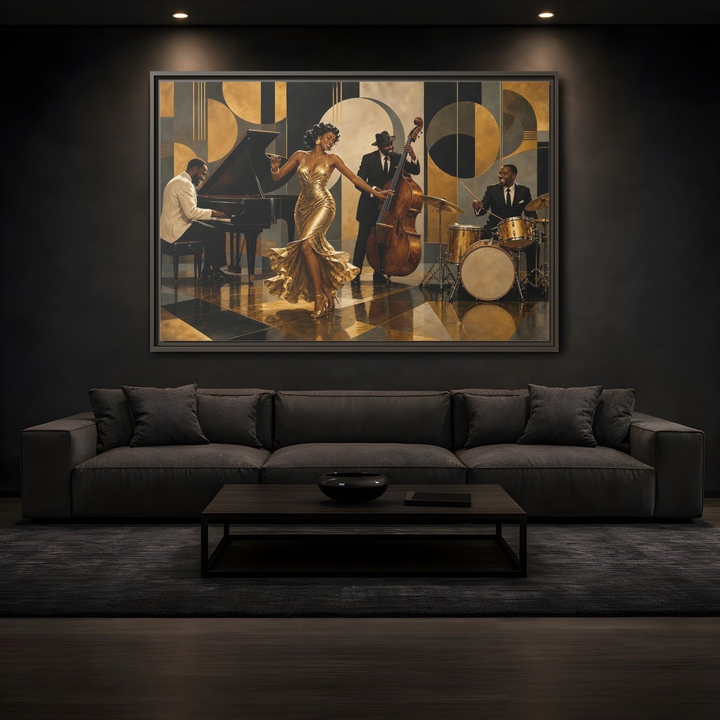 Mockup 3. Golden Jazz Night shown as framed canvas print