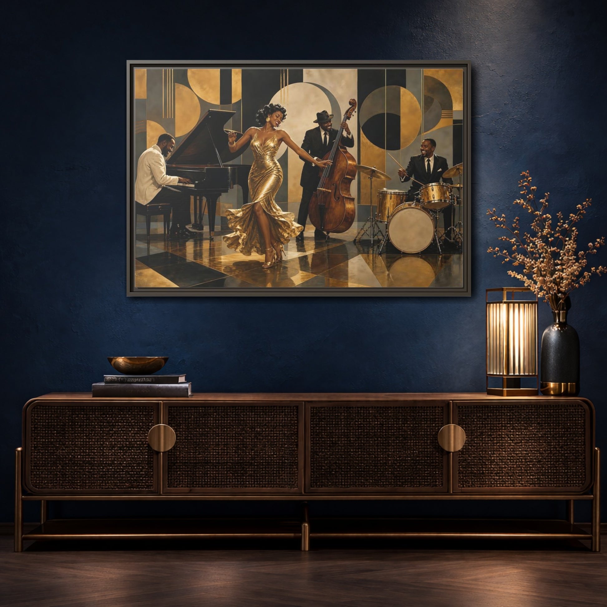 Mockup 4. Golden Jazz Night shown as framed canvas print