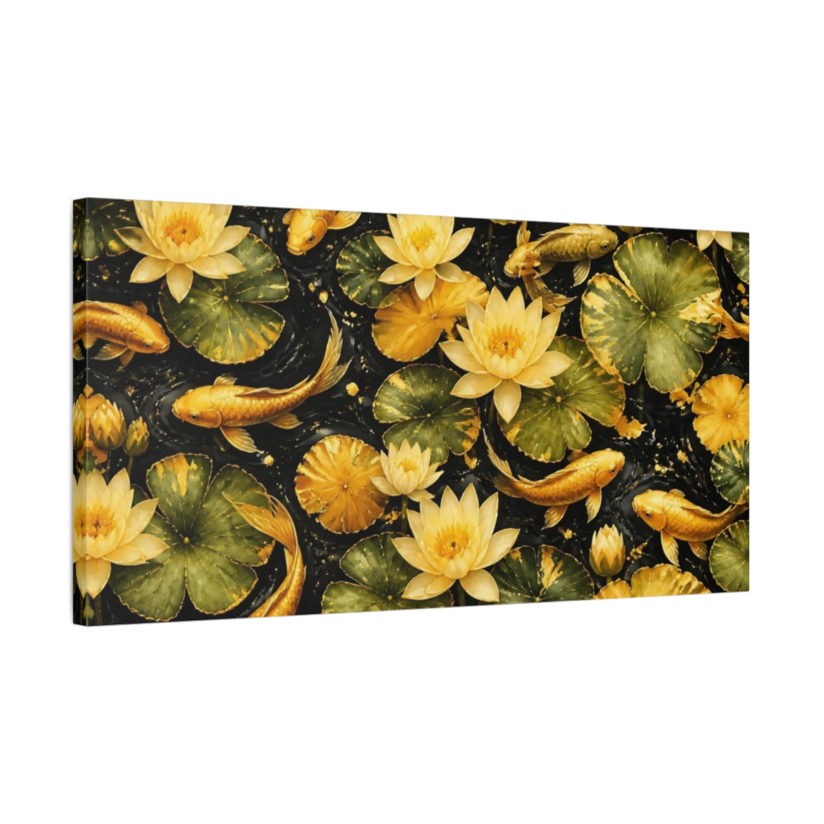 Side Mockup 1. Golden Koi And Lotus shown as canvas print
