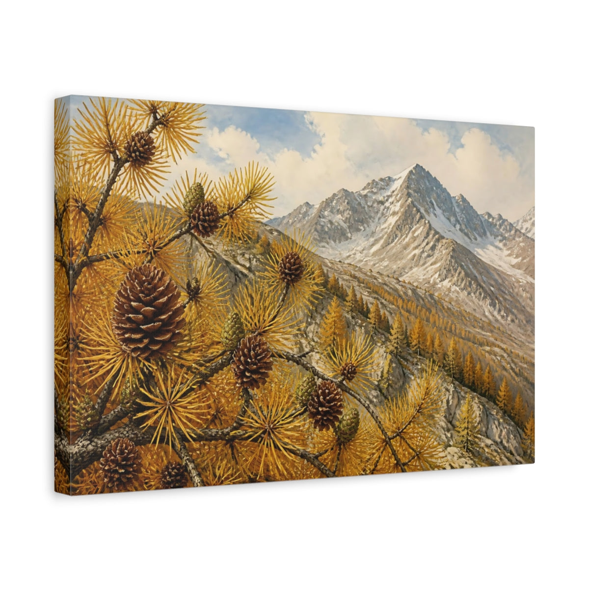 Side Mockup 4. Golden Larch Mountain Ridge shown as canvas print