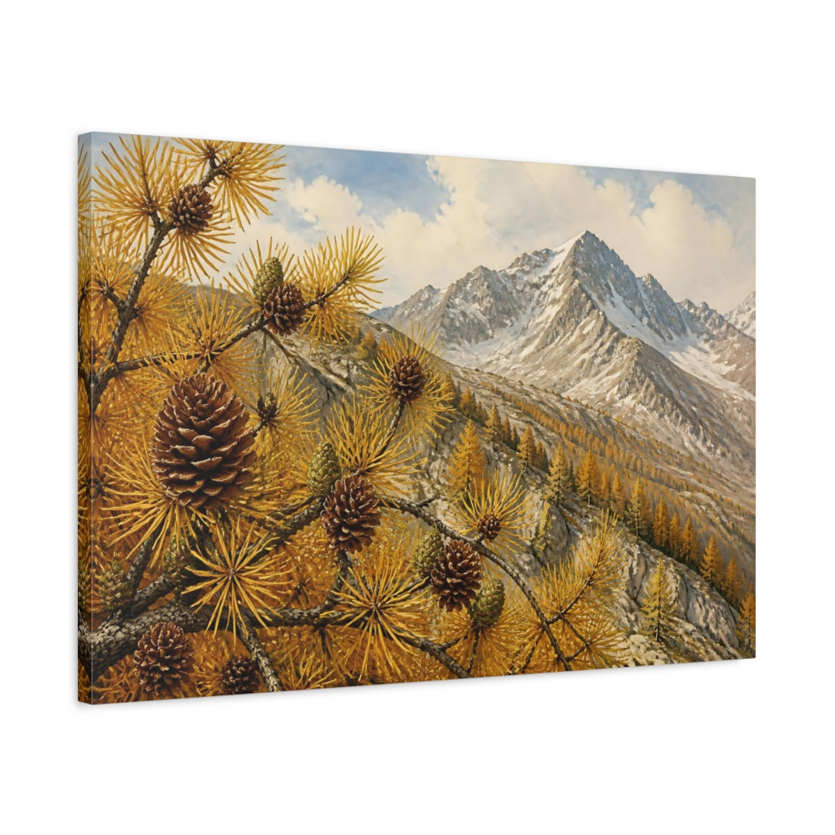 Side Mockup 2. Golden Larch Mountain Ridge shown as canvas print
