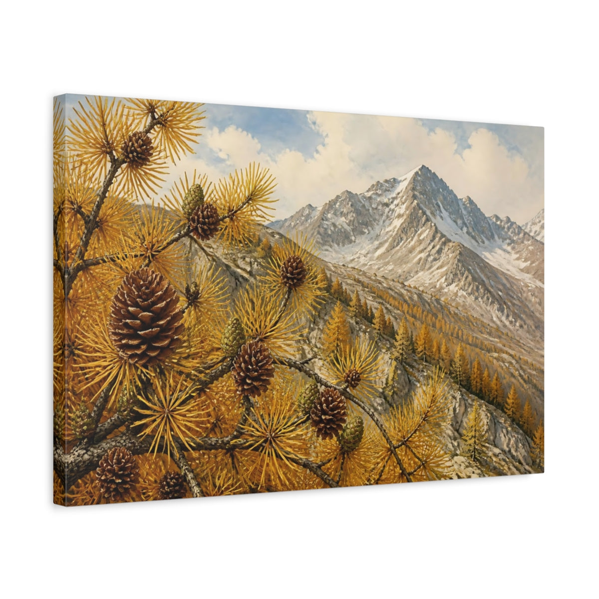 Side Mockup 3. Golden Larch Mountain Ridge shown as canvas print