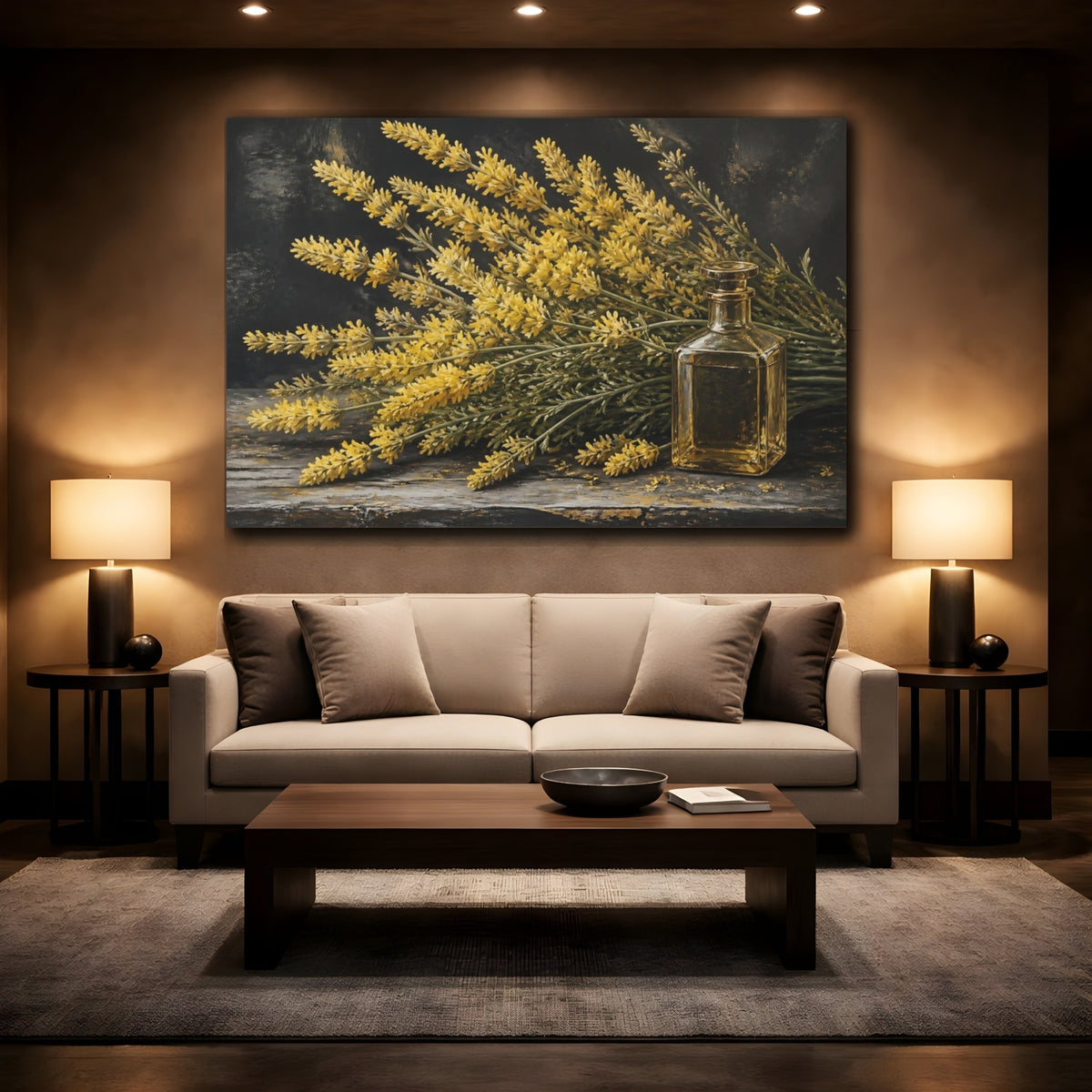 Mockup 2. Golden Lavender Flowers shown as canvas print
