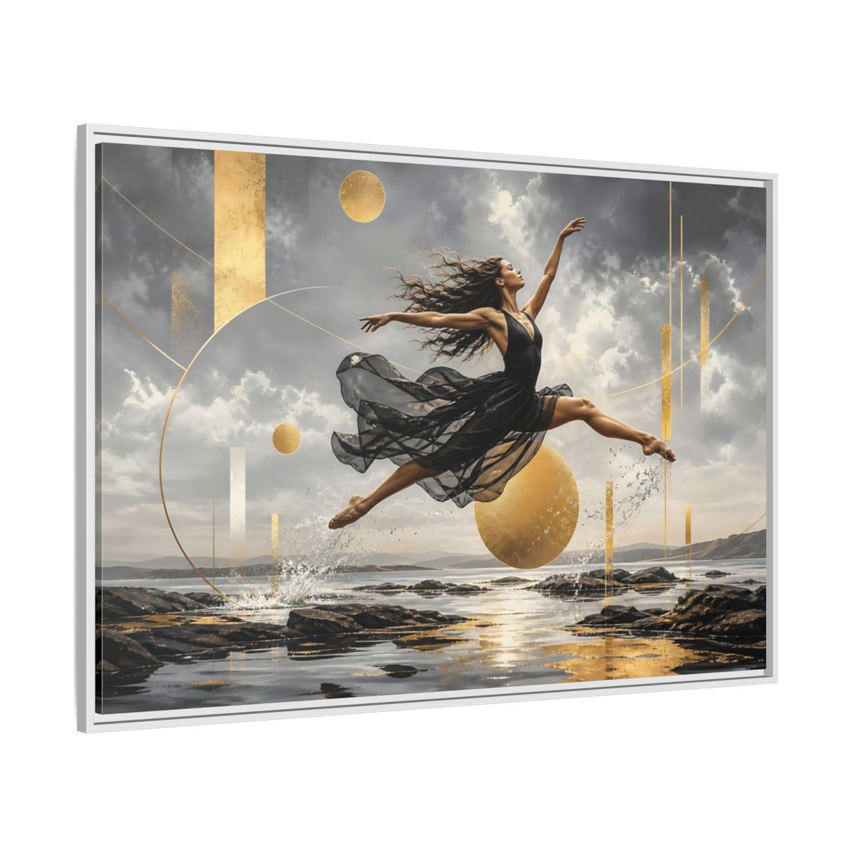 Side Mockup 7. Golden Leap Ballet shown as framed canvas print