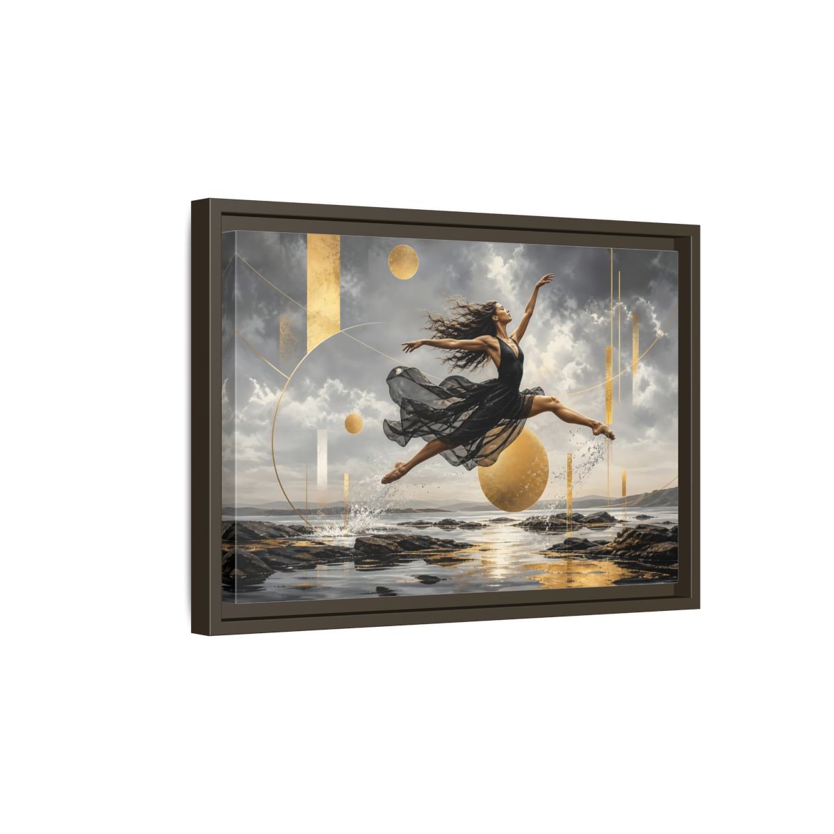 Side Mockup 5. Golden Leap Ballet shown as framed canvas print