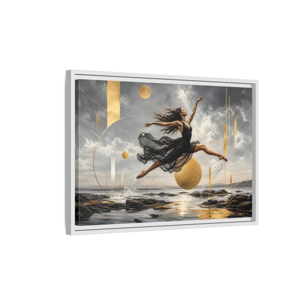 Side Mockup 1. Golden Leap Ballet shown as framed canvas print