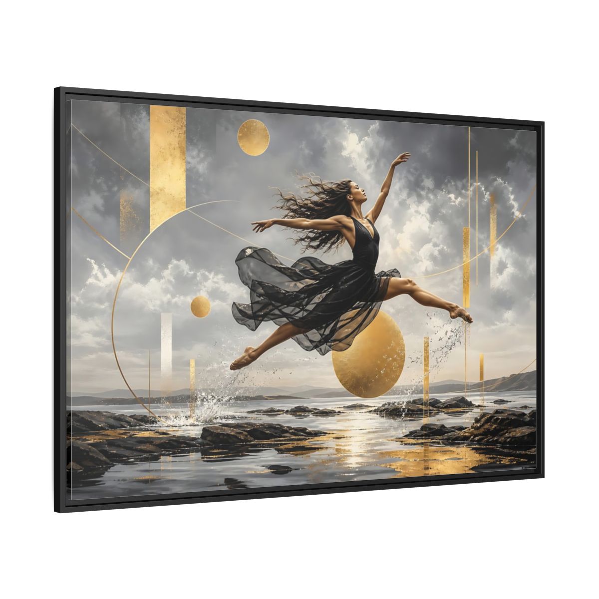 Side Mockup 12. Golden Leap Ballet shown as framed canvas print