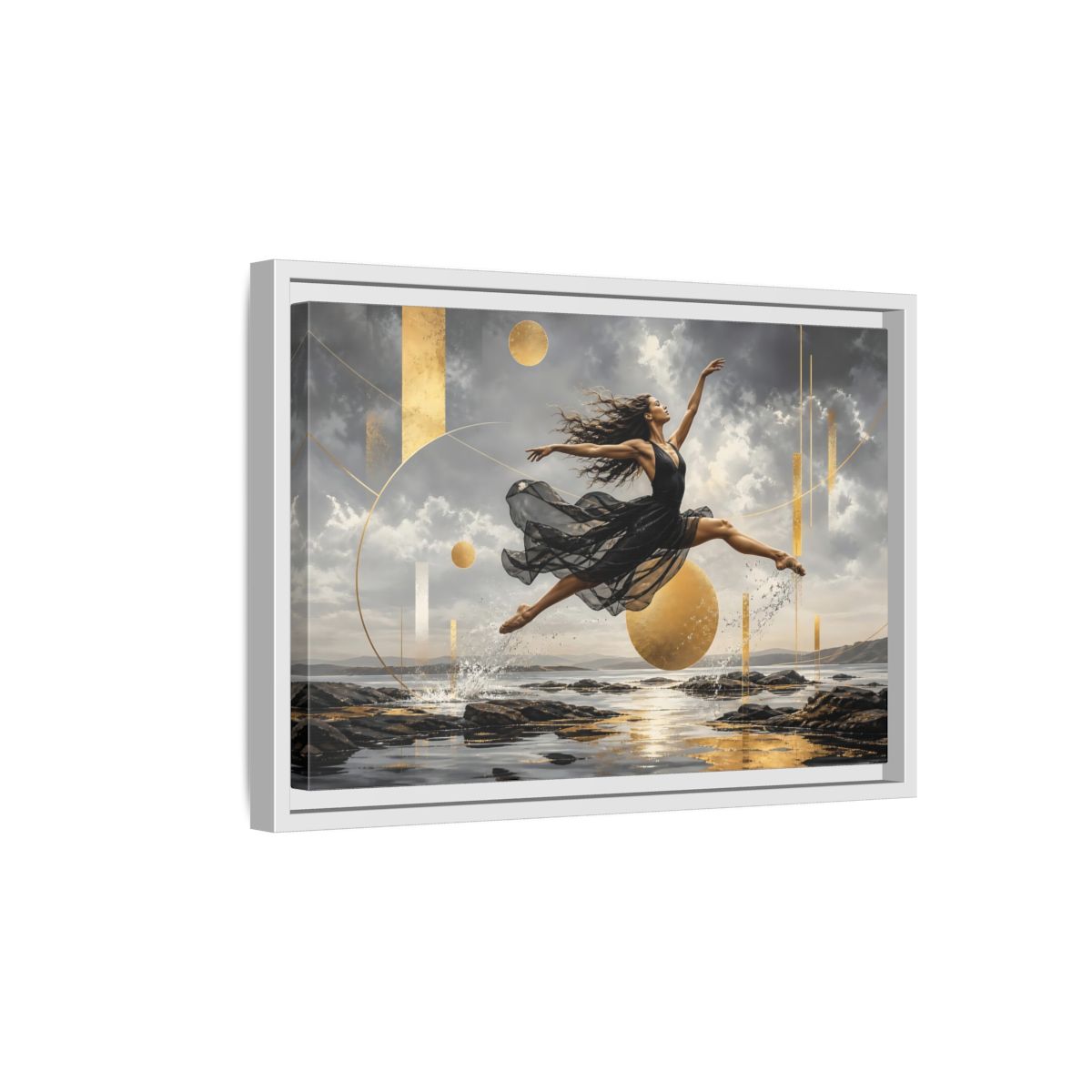 Side Mockup 4. Golden Leap Ballet shown as framed canvas print