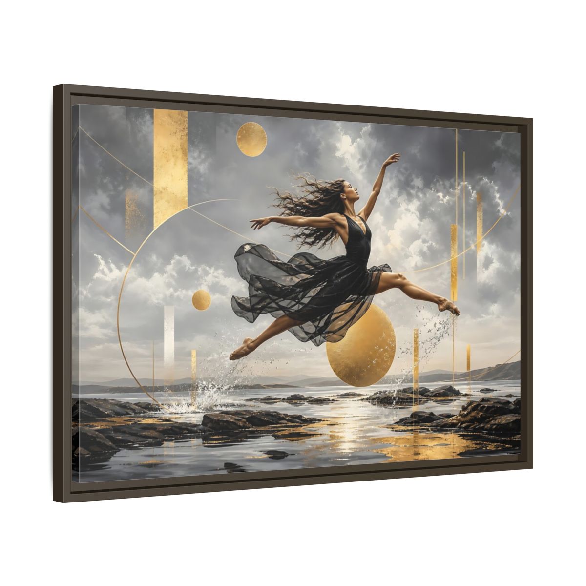 Side Mockup 11. Golden Leap Ballet shown as framed canvas print