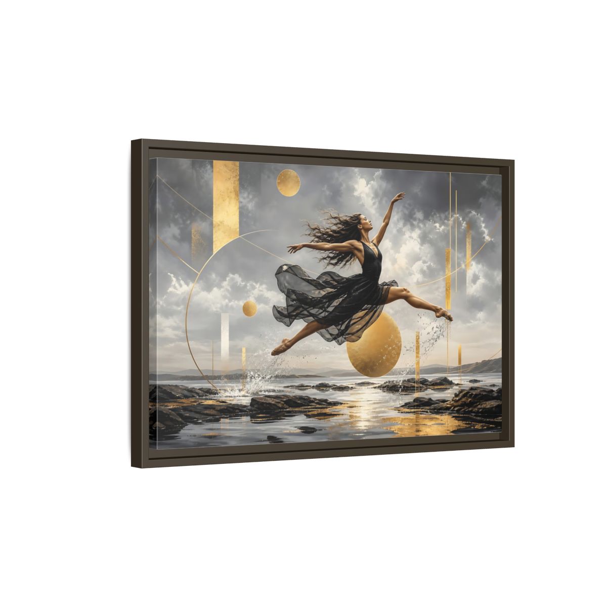 Side Mockup 2. Golden Leap Ballet shown as framed canvas print