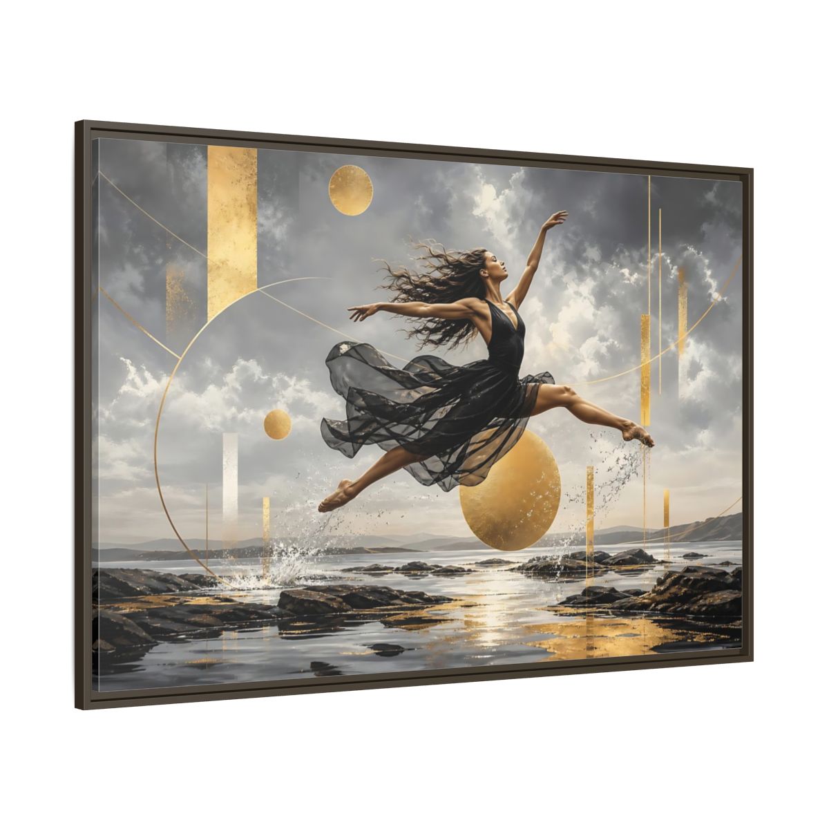 Side Mockup 8. Golden Leap Ballet shown as framed canvas print