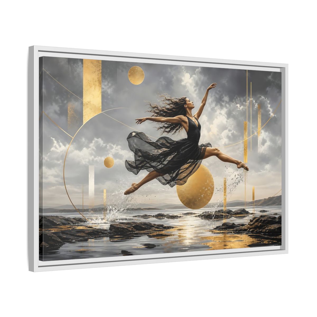 Side Mockup 10. Golden Leap Ballet shown as framed canvas print