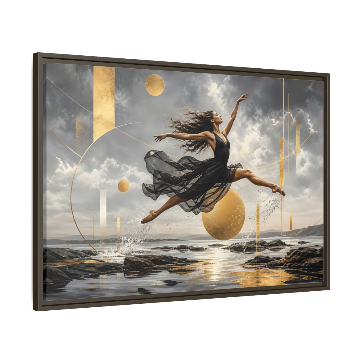 Main Mockup. Golden Leap Ballet shown as framed canvas print