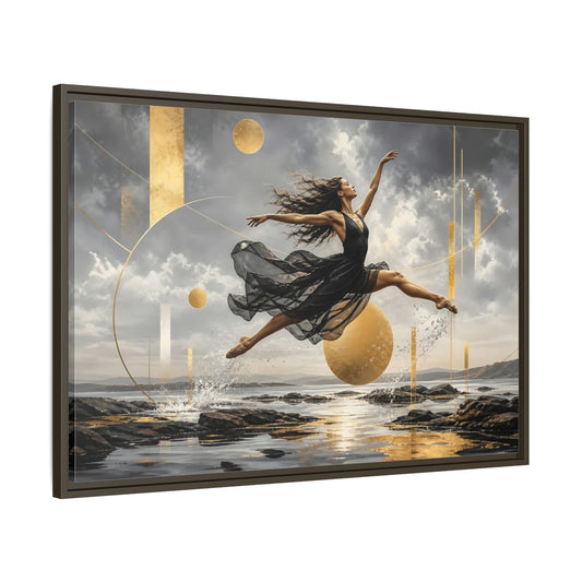 Main Mockup. Golden Leap Ballet shown as framed canvas print