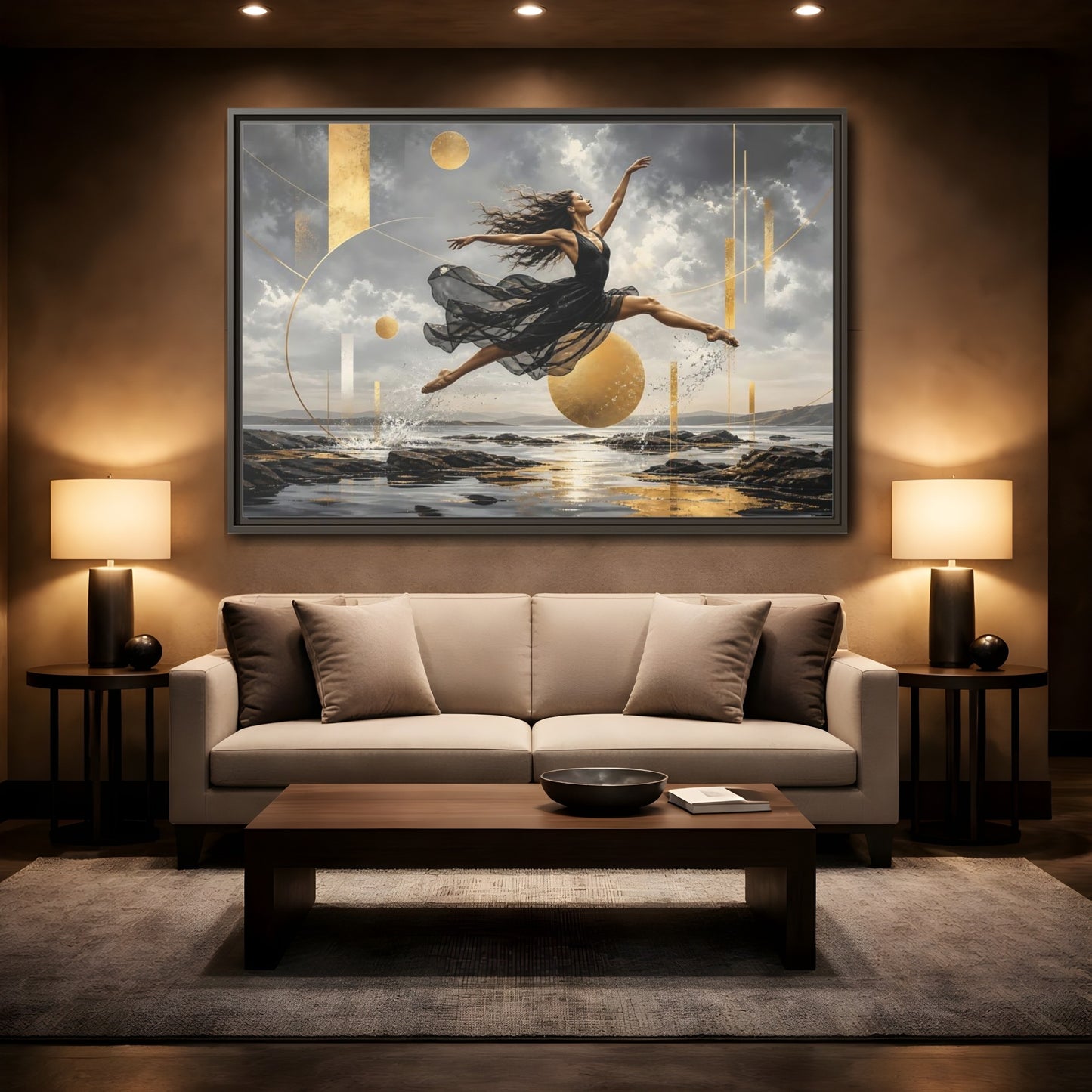 Mockup 2. Golden Leap Ballet shown as framed canvas print