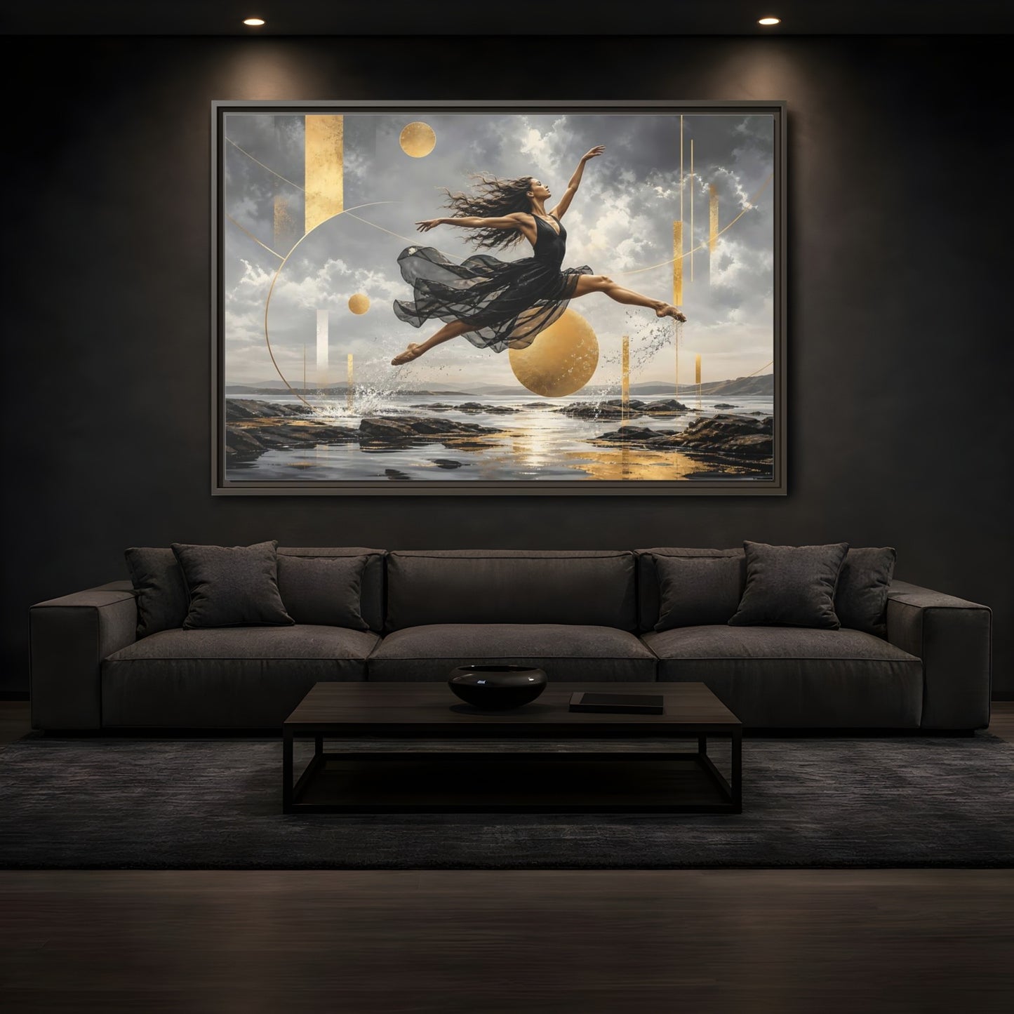 Mockup 3. Golden Leap Ballet shown as framed canvas print
