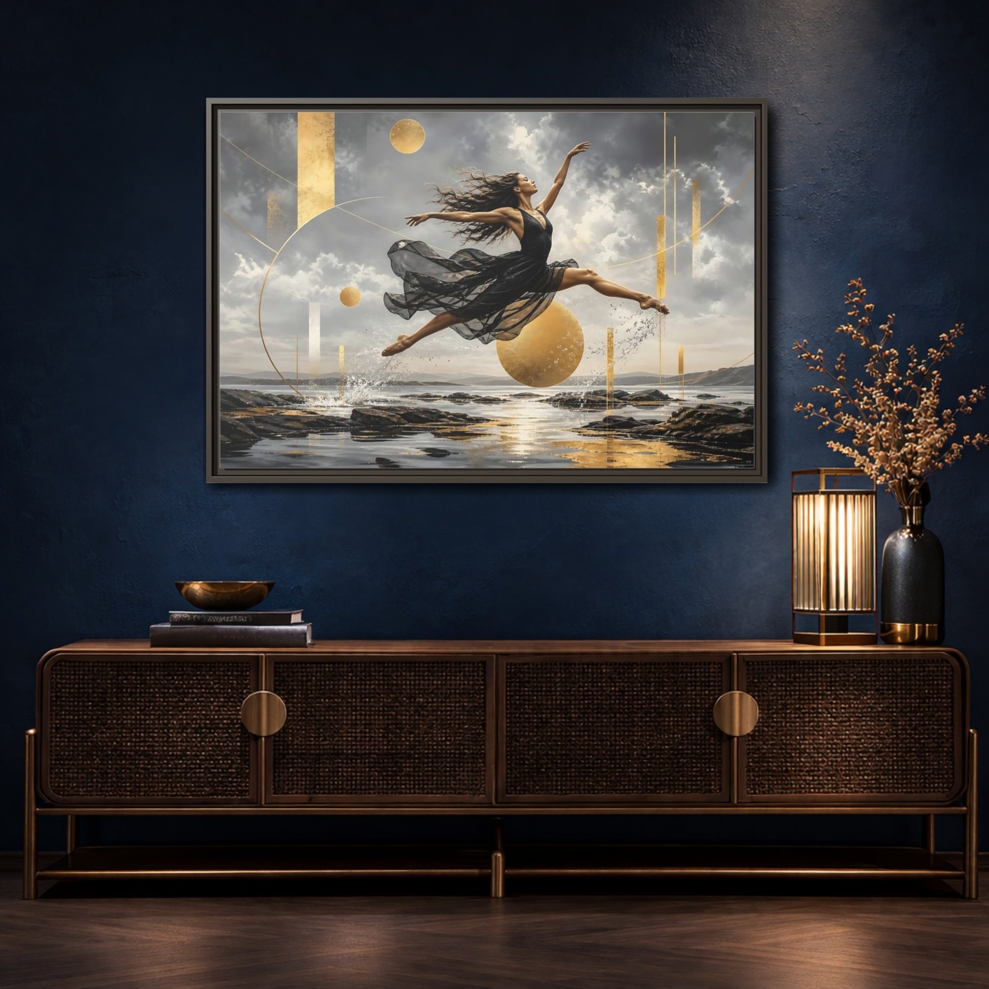 Mockup 4. Golden Leap Ballet shown as framed canvas print