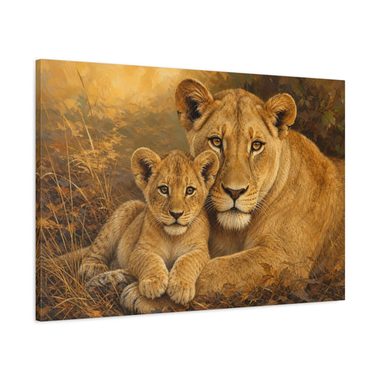 Main Mockup. Golden Lioness And Cub shown as canvas print