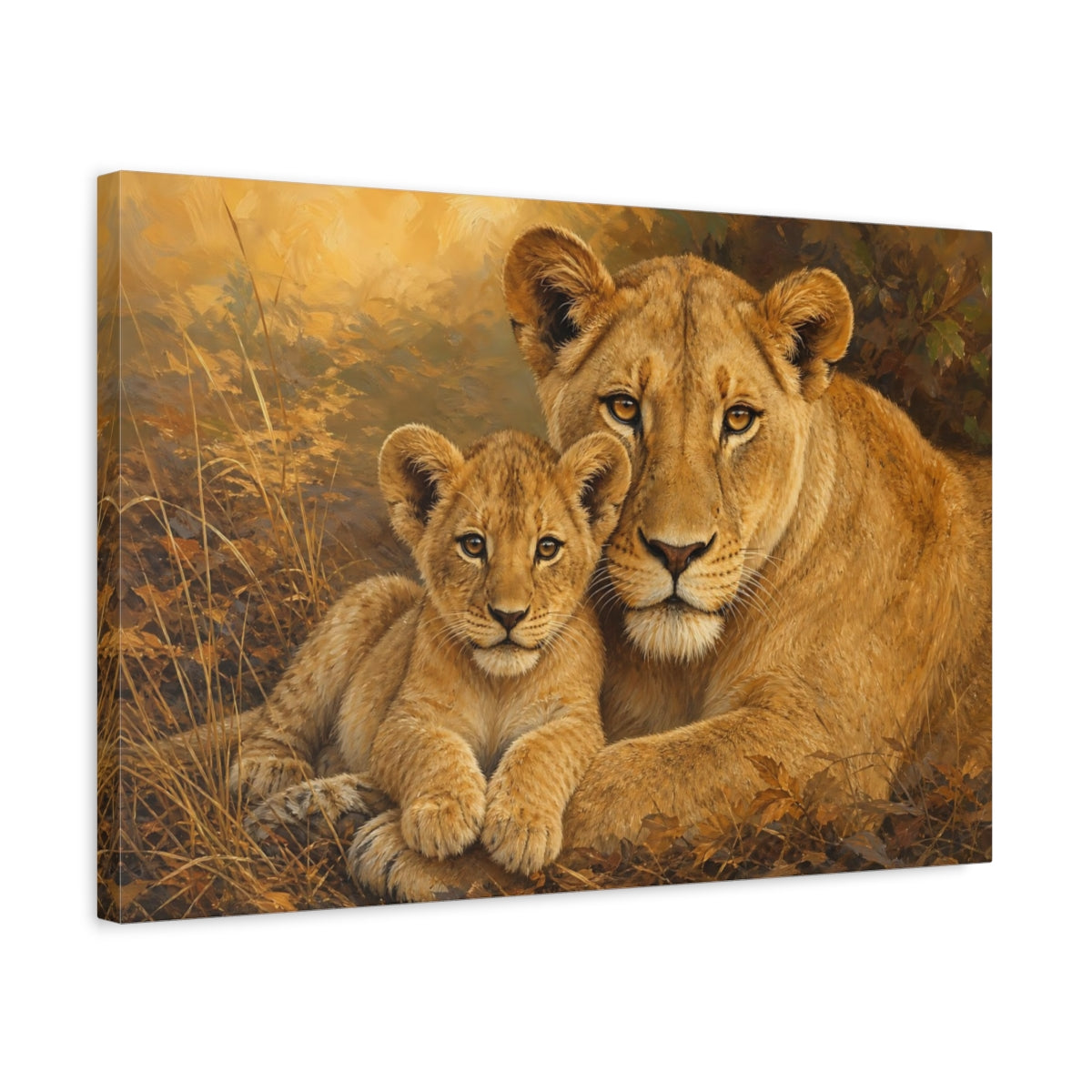 Side Mockup 3. Golden Lioness And Cub shown as canvas print