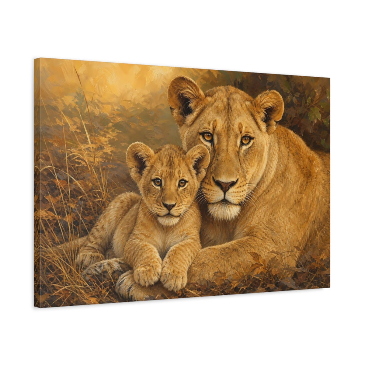 Side Mockup 2. Golden Lioness And Cub shown as canvas print
