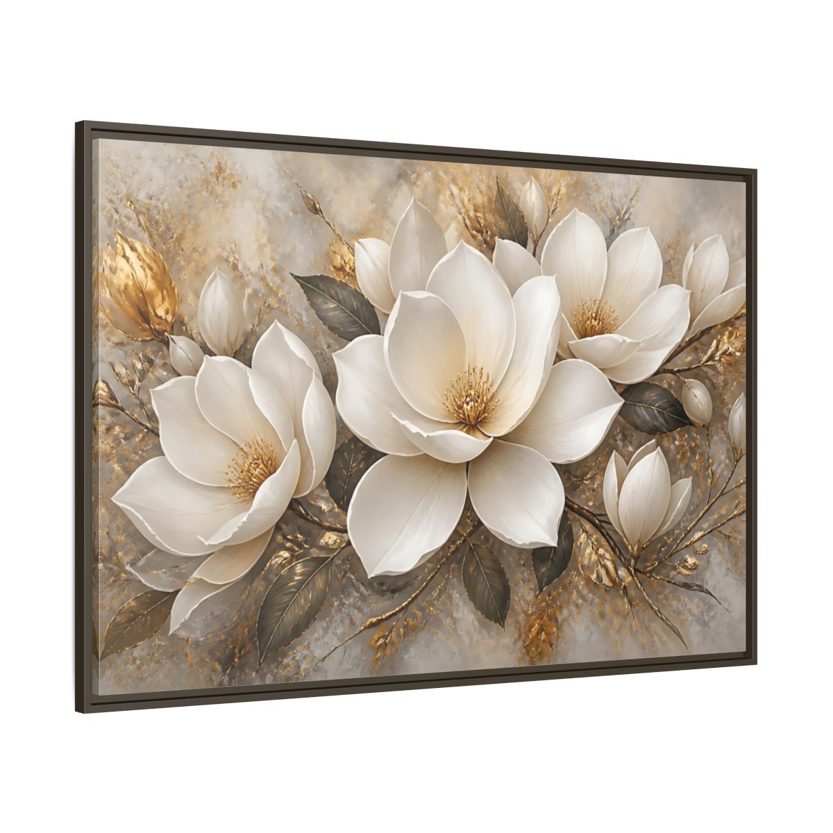 Side Mockup 8. Golden Magnolia Bloom shown as framed canvas print