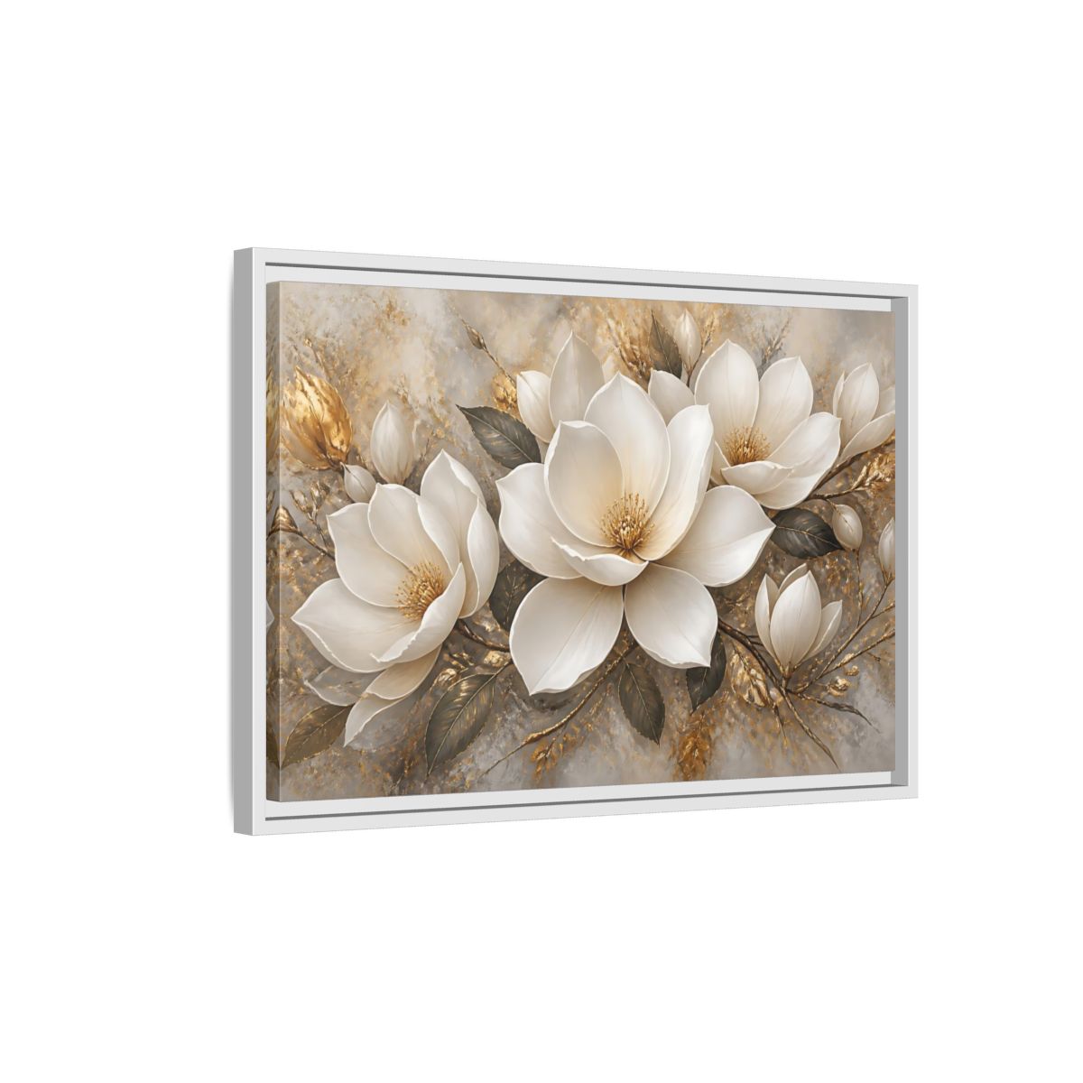Side Mockup 1. Golden Magnolia Bloom shown as framed canvas print
