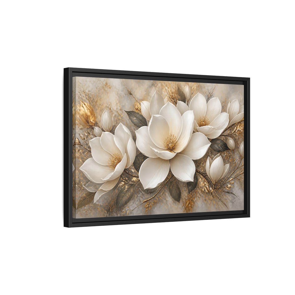 Side Mockup 3. Golden Magnolia Bloom shown as framed canvas print