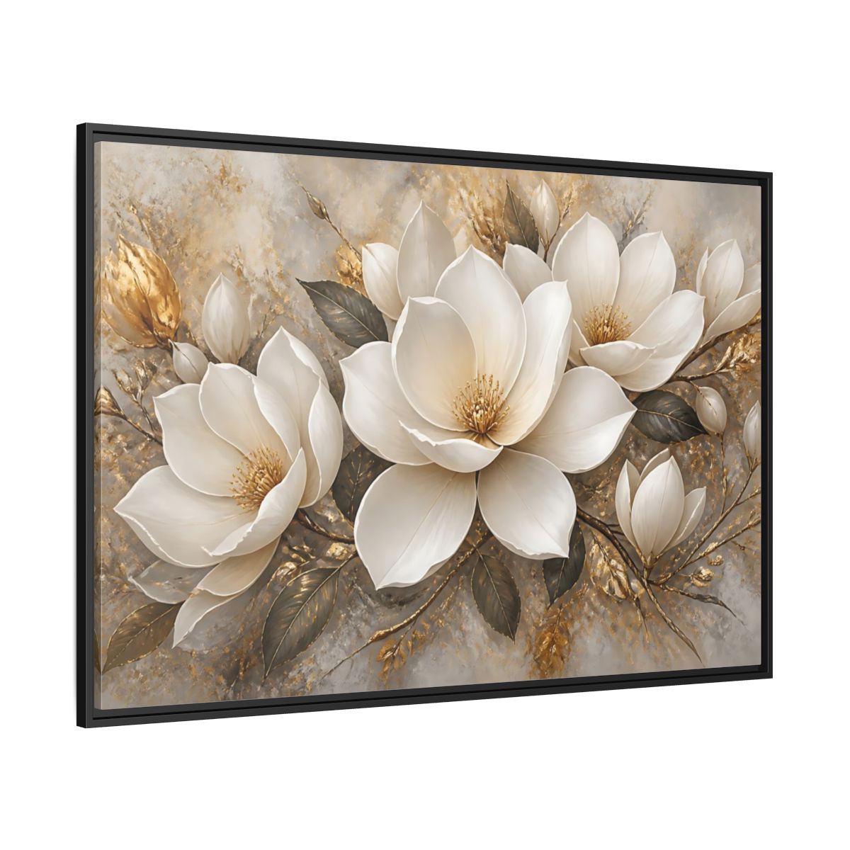Side Mockup 12. Golden Magnolia Bloom shown as framed canvas print