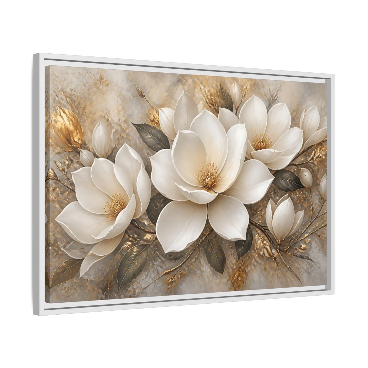 Side Mockup 10. Golden Magnolia Bloom shown as framed canvas print