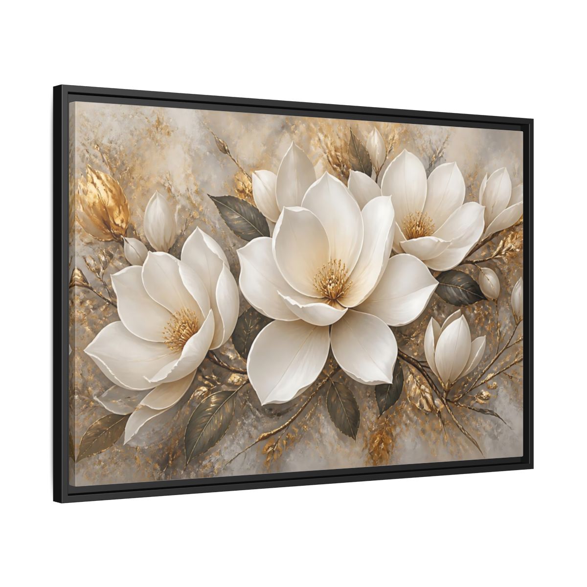 Side Mockup 13. Golden Magnolia Bloom shown as framed canvas print