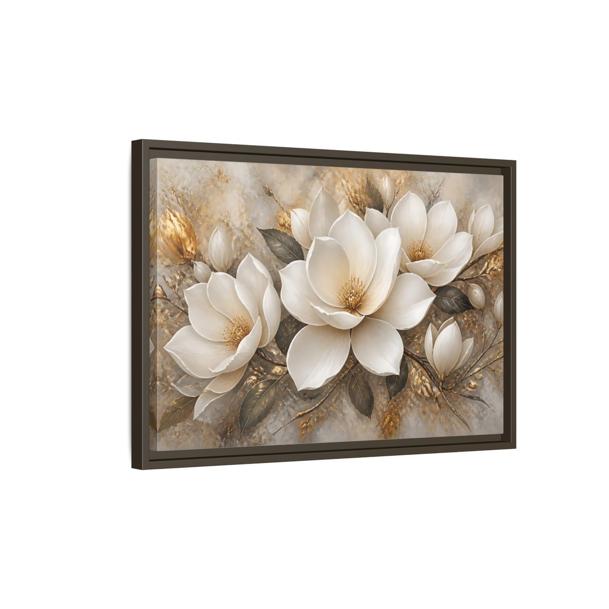 Side Mockup 2. Golden Magnolia Bloom shown as framed canvas print