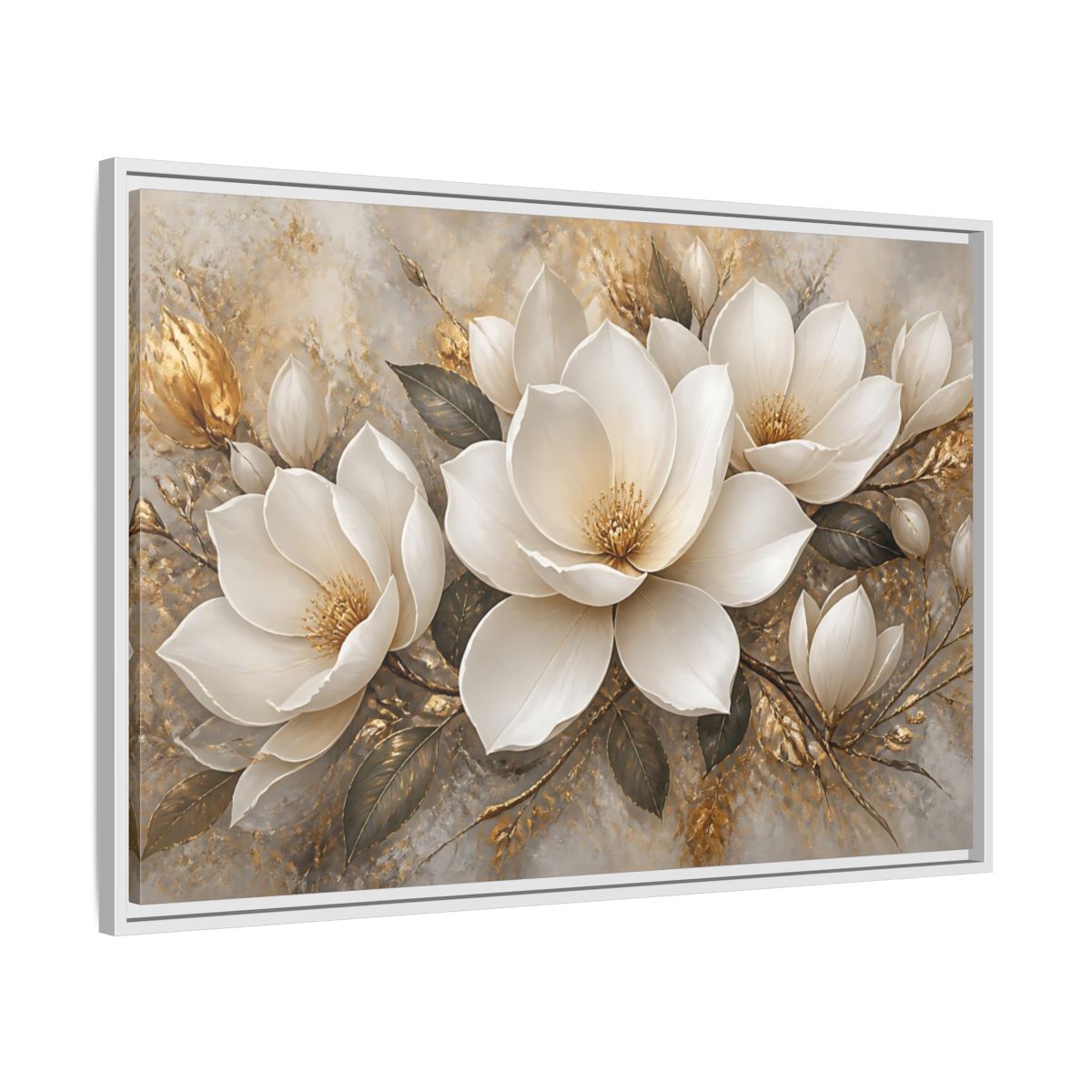 Side Mockup 9. Golden Magnolia Bloom shown as framed canvas print